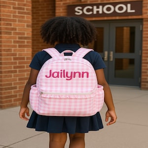 Embroidered Pink Gingham Backpack with Ruffles | 17” Girls Backpack | Back to School Backpack | Preppy Girls Backpack | Backpack Girls