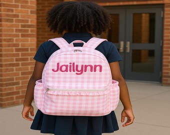 Embroidered Pink Gingham Backpack with Ruffles: Personalized Girls School Bag