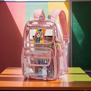 May include: A clear pink backpack with multiple compartments, including a front pocket and side mesh pocket. The backpack features rainbow-colored straps and accents, and is filled with colorful markers and a small toy. The backpack is sitting on a wooden table.