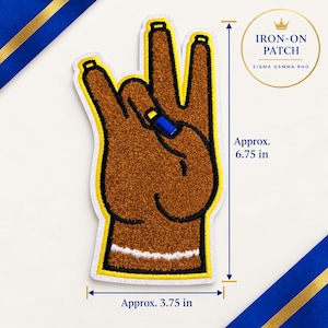 May include: An iron-on patch featuring a brown hand making a W-shaped gesture with a blue ring on the middle finger. The patch has a white and yellow border, measures approximately 6.75 inches by 3.75 inches, and includes the text Iron-On Patch Sigma Gamma Rho.