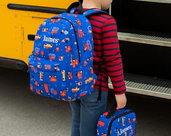 Personalized Blue Car Backpack Set: Embroidered Kids School Bag, Lunchbox & Pencil Case