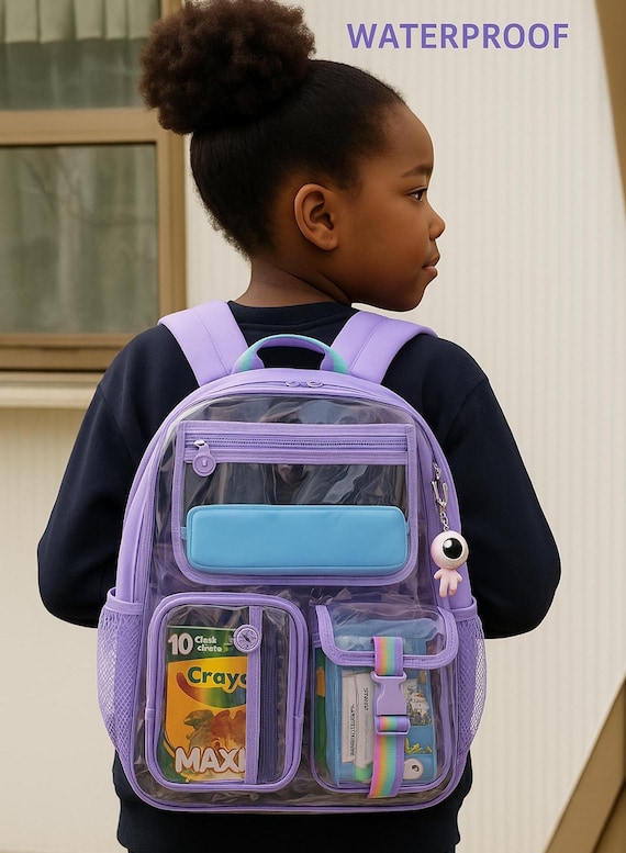 Personalized Clear Backpack: Purple Trim, Embroidered Name Strap