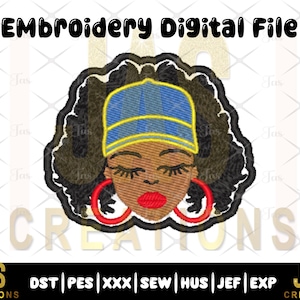 Black Girl Embroidery Design: Curly Hair Hat Lady (DST, PES, HUS...)