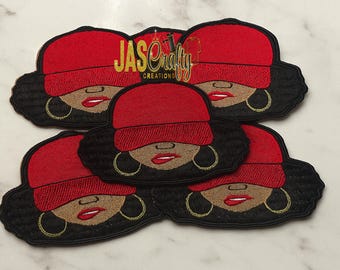 Embroidered Black Woman Patch: Red Hat, Gold Hoops