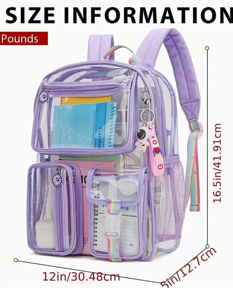May include: A clear and purple backpack with multiple compartments, including a front pocket and side mesh pocket. The backpack is 16.5 inches tall, 12 inches wide, and 5 inches deep. It features a rainbow strap and a keychain with an astronaut charm. The text "SIZE INFORMATION" is at the top.