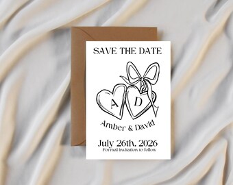 手描きロケット結婚式招待状、イラスト入りSave the Date（デジタルダウンロード）