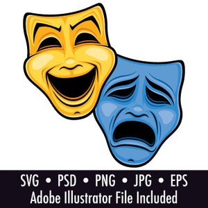 Maschere teatrali classiche della commedia e della tragedia Clip Art File digitali da scaricare - .psd, .png, .jpg, .eps, .svg, file Adobe Illustrator inclusi