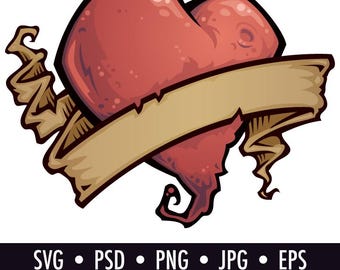 Serce z tatuażem z kreskówek ze wstążką Clip Art - Pliki do pobrania w formacie cyfrowym - .psd, .png, .jpg, .eps, .svg, w zestawie plik Adobe Illustrator