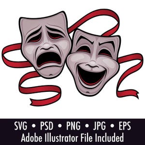 Maschere teatrali di commedia e tragedia grigia Clipart - File di download digitale - .psd, .png, .jpg, .eps, .svg, file Adobe Illustrator inclusi