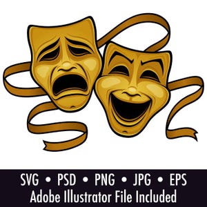 Maschere teatrali commedia e tragedia in oro Clipart - File di download digitale - .psd, .png, .jpg, .eps, .svg, file Adobe Illustrator inclusi