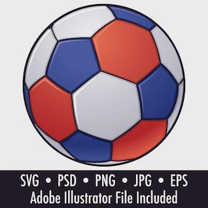 影付きの赤、白、青のサッカーボールのイラストクリップアート（デジタルダウンロード）