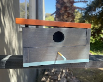 Mid-Century Modern Birdhouse: Handcrafted Wood Stained Yard Art