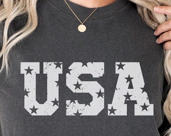 Comfort Colors® USA Retro T-Shirt - 4th of July Patriotic Tee, USA Shirt, American Flag Shirt, Red White and Blue, Independence Day Shirt