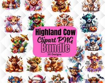 Highland Cow PNG Bundle: Cute Highland Cow Sublimation Shirt Design Bundle (Digital Download)