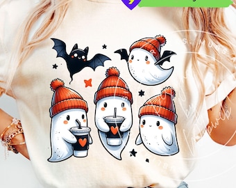 Geist Kaffee PNG: Herbst Halloween Geist Sublimation Shirt Design (Digitaler Download)