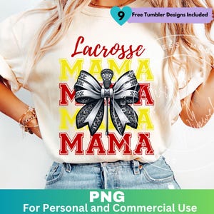 Lacrosse Mama Png Red and Yellow, Lacrosse Mom Sublimation Design Clipart, Lacrosse Mom Coquette Bow Shirt Png, Digital Download