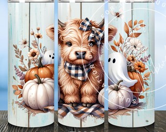Halloween Highland Cow Tumbler Wrap Png, Baby Highland Cow Ghost Tumbler Wrap PNG, Highland Cow Sublimation Digital Download