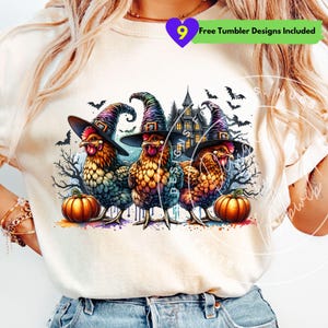 Spooky Chicken Halloween PNG: Witch, Pumpkin, Haunted House (Digital Download)