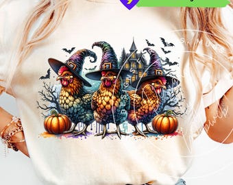 Spooky Chicken Halloween PNG: Witch, Pumpkin, Haunted House (Digital Download)