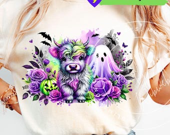 Halloween Highland Cow PNG: Neon Hignland Sublimation Design for Shirts (Digital Download)