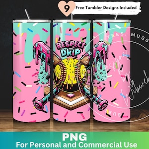 Könnte beinhalten: Ein rosa Becher mit einem Softball, Schlägern und dem Text "Respect the Drip" in einem farbenfrohen Grafikdesign. Der Becher ist von rosa, blauen und gelben Streuseln umgeben.