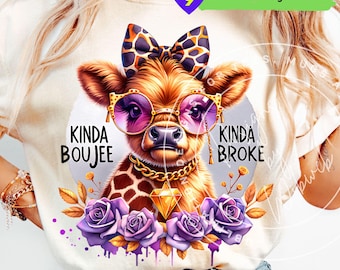 Vaca de las Tierras Altas Boujee PNG: Gráfico de sublimación de camiseta "Kinda Boujee Kinda Broke" (Descarga digital)