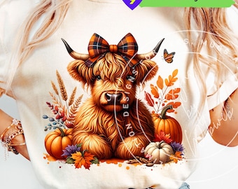 Fall Highland Cow PNG: Pumpkin Autumn Design (Digital Download