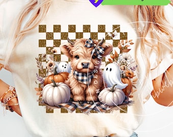 Halloween Highland Cow PNG: Ghost Halloween Sublimation Design for Shirts (Digital Download)