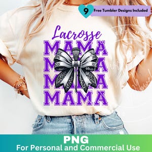 Lacrosse Mama Png Purple, Lacrosse Mom Sublimation Design Clipart, Lacrosse Mom Coquette Bow Shirt Png, Digital Download
