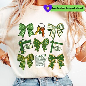 May include: A cream-colored t-shirt featuring a collection of green bows, keys, and real estate signs. The signs read "SOLD" and "OPEN HOUSE". The design includes shamrocks and a document with a house and pen illustration. The text "Free Tumbler Designs Included" is also present.