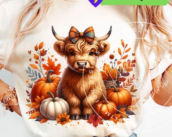Fall Highland Cow PNG: Pumpkin Autumn Design (Digital Download