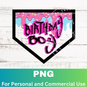 May include: A pink and blue baseball-shaped graphic with the text "Birthday Boy" in black and pink lettering. The graphic has a pink and white frosting design with sprinkles.