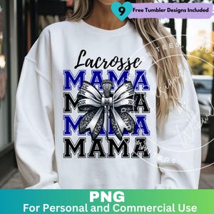 Lacrosse Mama Png Black and Blue, Lacrosse Mom Sublimation Design Clipart, Lacrosse Mom Shirt Coquette Bow Png, Digital Download