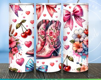 Coquette Cowgirl Boots and Bows Western Hat Cherries 20oz Skinny Tumbler Wrap, Digital Download Sublimation Design Boots Cherries and Bows