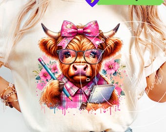 Insegnante Highland Cow PNG: Design per sublimazione del ritorno a scuola (download digitale)
