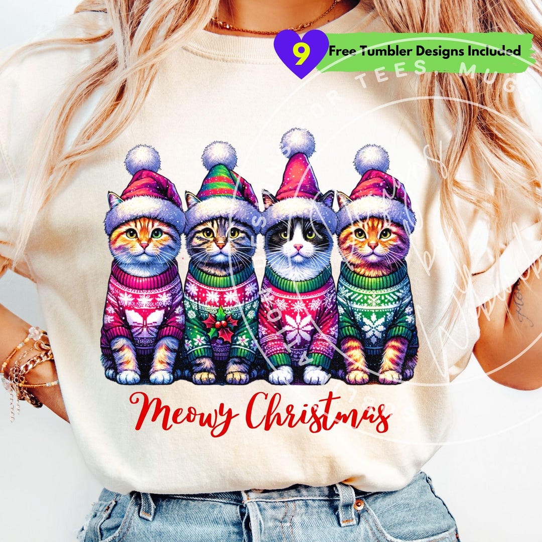 Christmas Cat PNG: Meowy Kitty Cat Christmas Sublimation Shirt Design ...