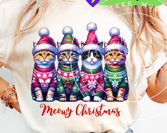 Christmas Cat PNG: Meowy Kitty Cat Christmas Sublimation Shirt Design (Digital Download)