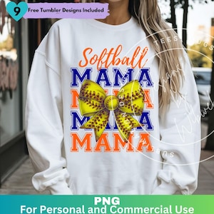 Softball Mama Coquette Bow Orange and Blue Png, Softball Mom Sublimation Design Clipart, Softball Mom Shirt Png Digital Download