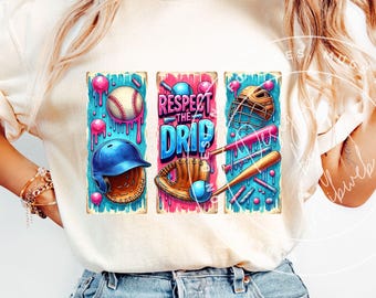 May include: Three colorful panels with baseball-themed graphics. The panels feature a baseball, a baseball glove, a baseball cap, and a baseball helmet. The text "Respect the Drip" is featured on one of the panels.