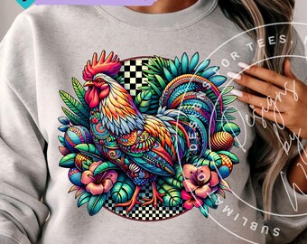 Retro Checkered Flower Chicken PNG: Sublimation Design (Digital Download)