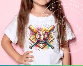 May include: A white t-shirt with a colorful graphic of a baseball, two crossed bats, and a baseball diamond. The graphic is surrounded by colorful sprinkles and drips of paint.