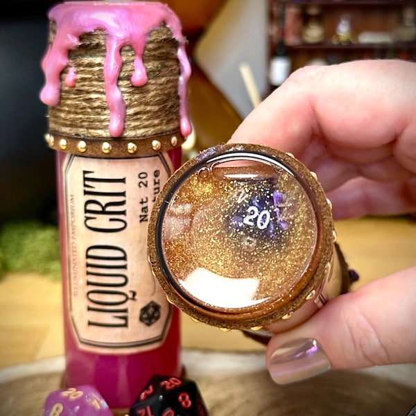 Liquid Crit d20 Dice Roller Potion Bottle | Tabletop RPG Fantasy Decor, DnD Nat 20 Prop