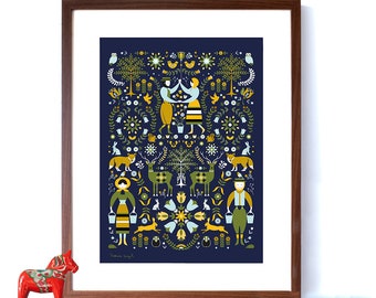 Woodland Gypsy Folk Art Style Art Print in Navy Blue