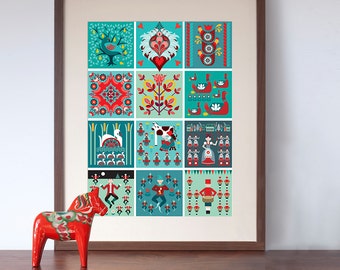 12 Days of Christmas Folk Art Style Art Print