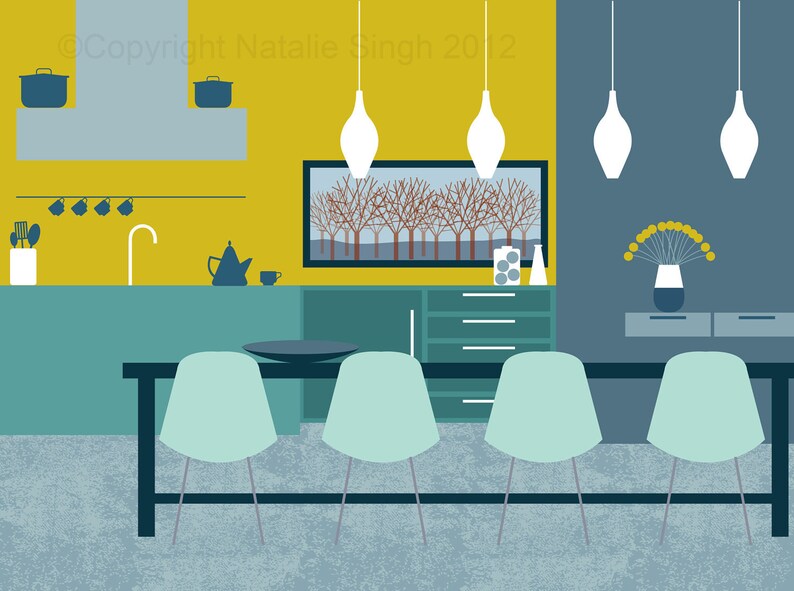 Modern Mid-Century Vintage Style Dining Room Interior Digital Art Print image 2