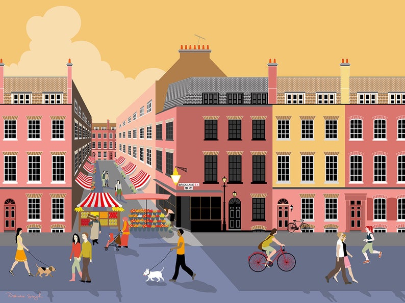 Brick Lane at Dusk, London Street Scene with Market Art Print image 2