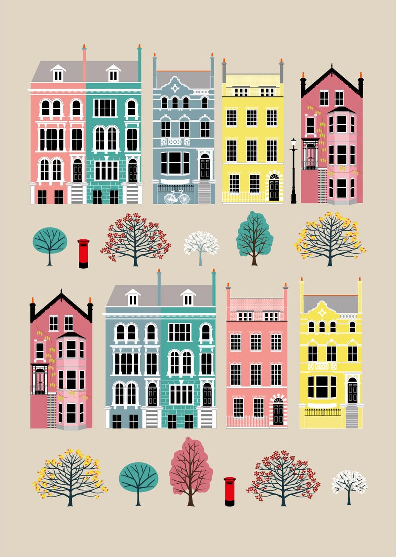 London Row Houses Vintage Style Pastel Art Print image 2