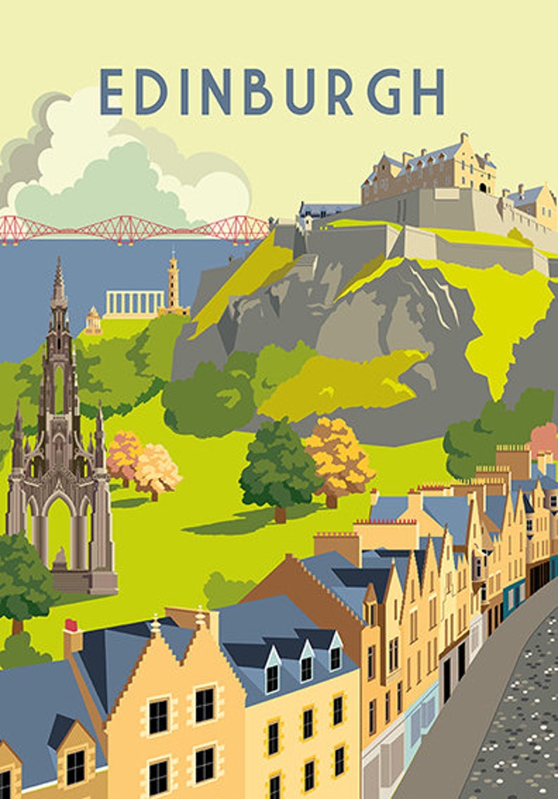 Edinburgh Castle and Old Town Vintage Style Art Print Etsy