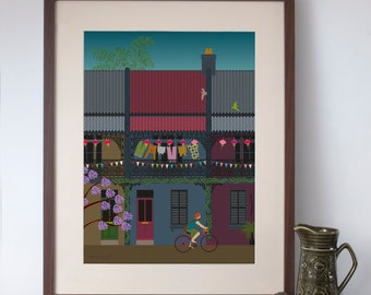 Sydney Terraced House Washing Lanterns Bunting Vintage Style Art Print