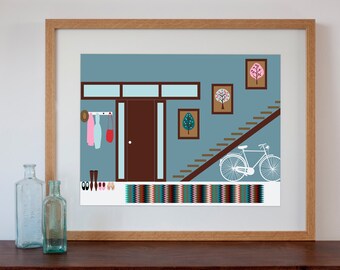 1960s Funky Vintage Style Hallway Interior - Digital Art Print